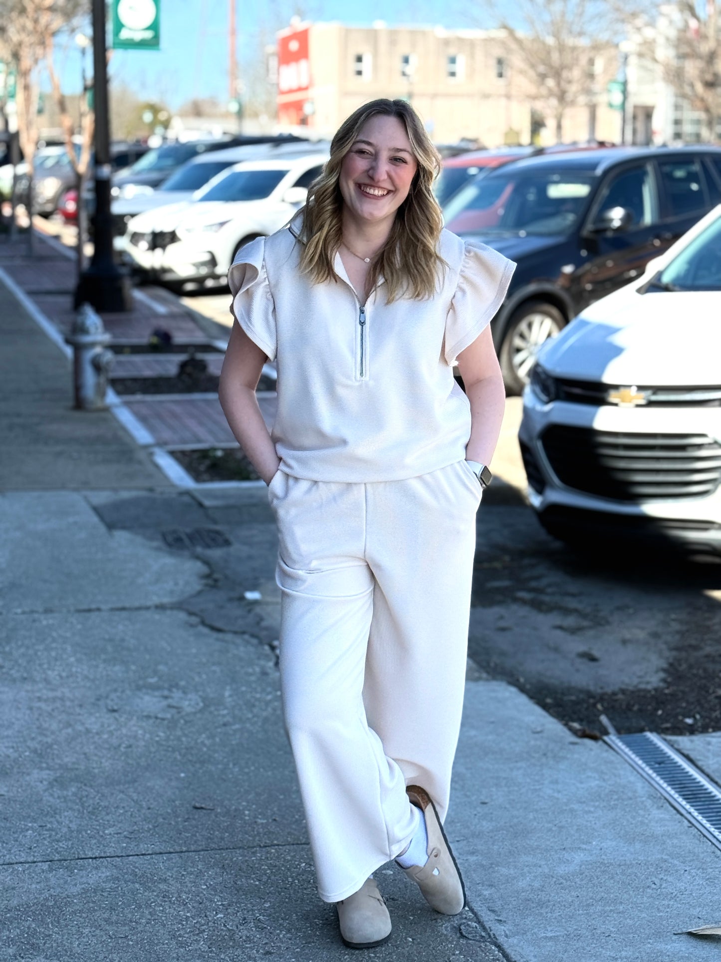 Classy RIBBED Ruffle Sleeve Cream Set