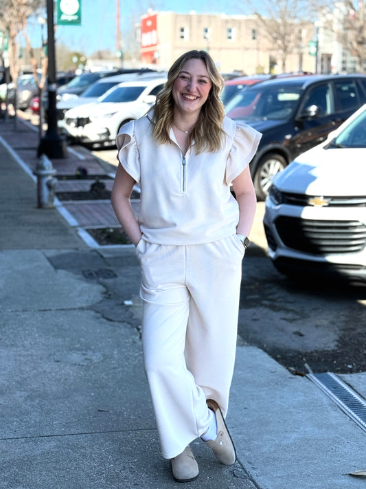 Classy RIBBED Ruffle Sleeve Cream Set