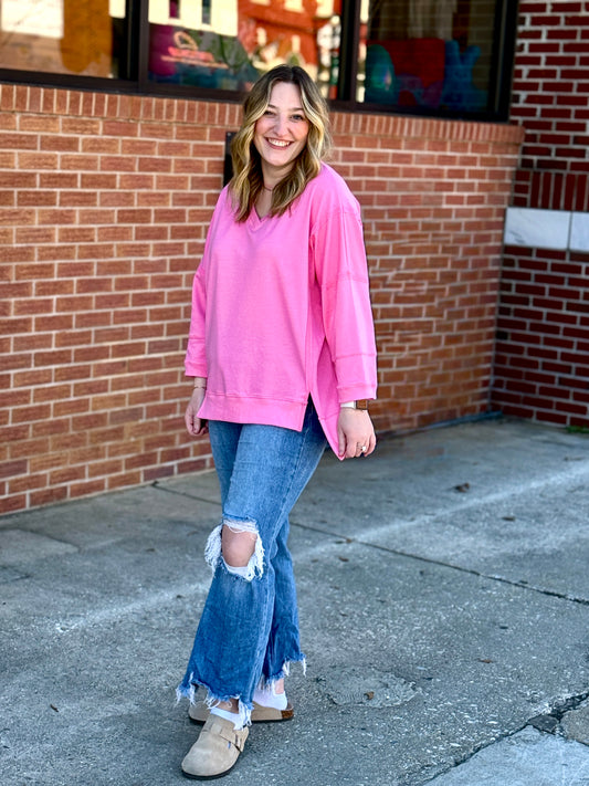 Comfy Neon Pink 3/4 Sleeve Mineral Wash Tee
