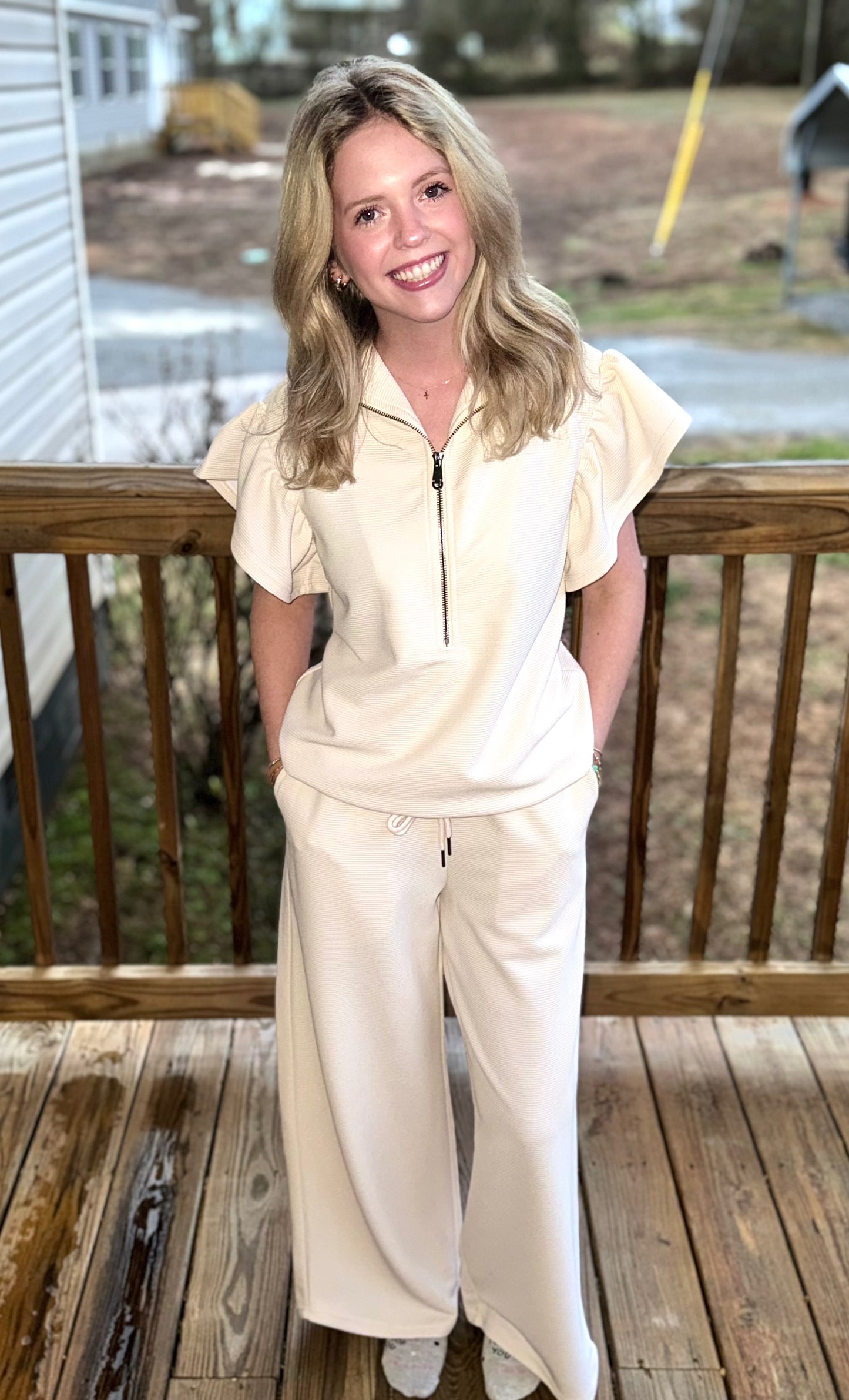 Classy RIBBED Ruffle Sleeve Cream Set