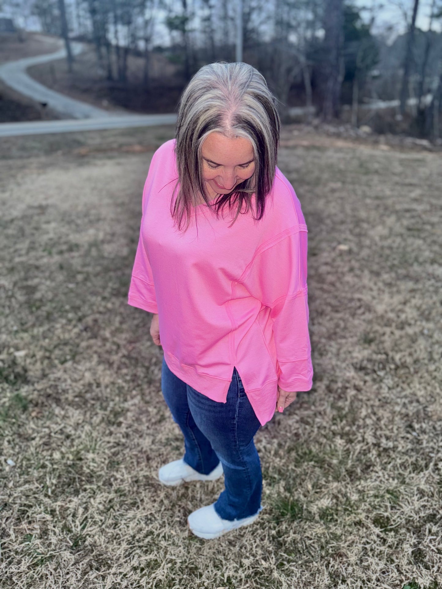 Comfy Neon Pink 3/4 Sleeve Mineral Wash Tee