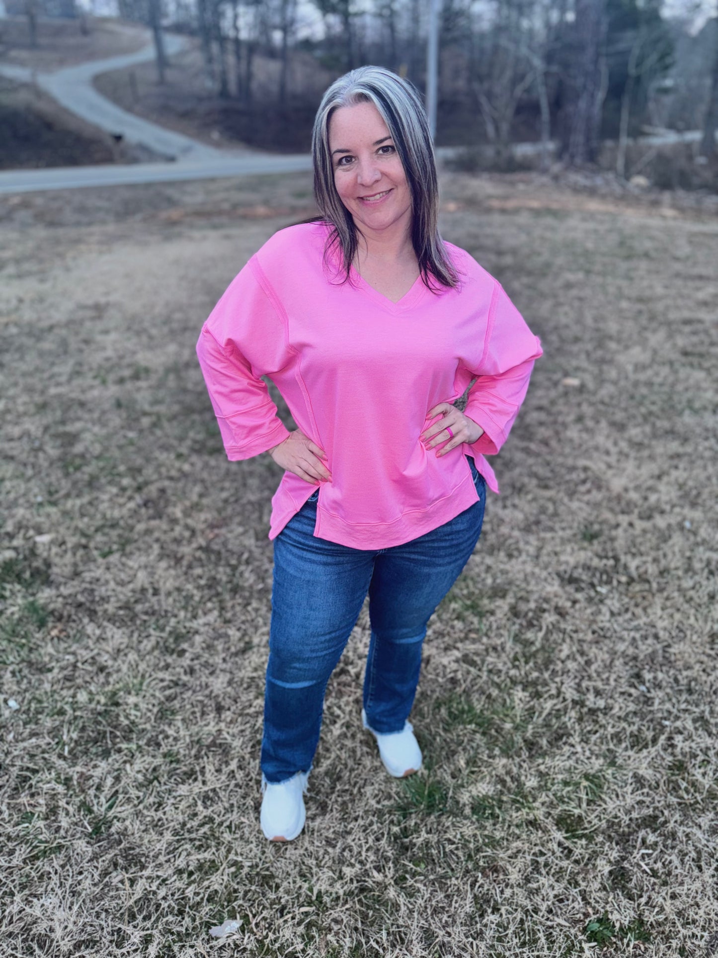 Comfy Neon Pink 3/4 Sleeve Mineral Wash Tee
